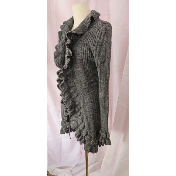 Elisabetta Italian Wool Blend Ruffled Open Front Long Sweater Cardigan Gray Med - Picture 2 of 4